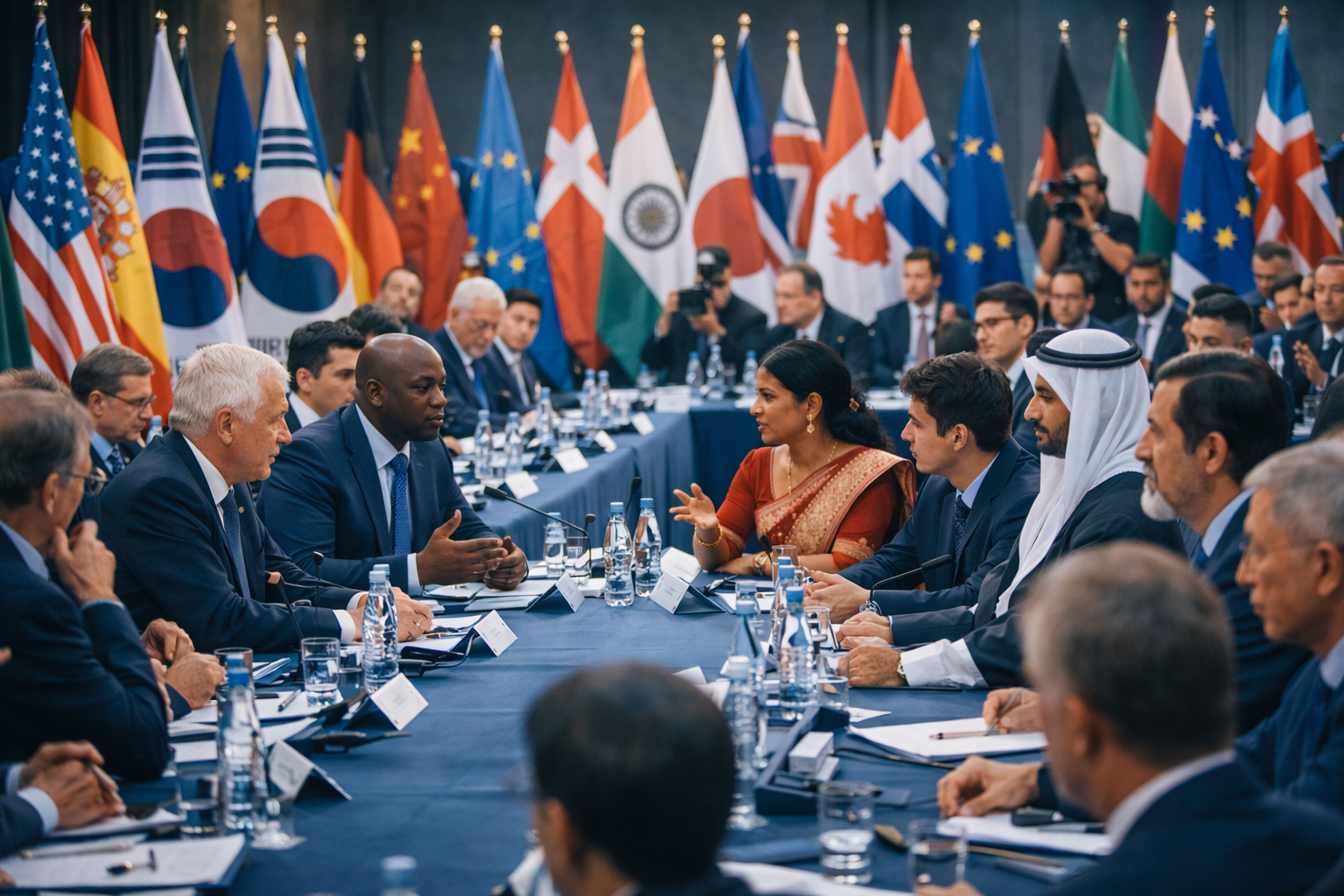 Scales of justice and global icons representing core values.